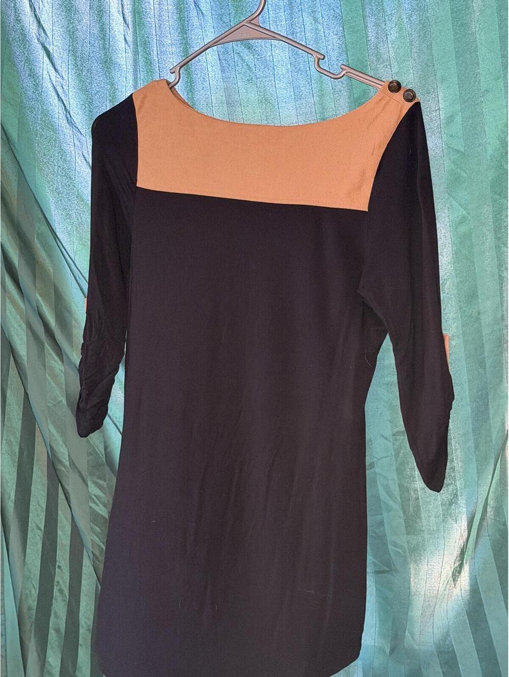 Monteau Colorblock Black and Tan Top with Button Detail
